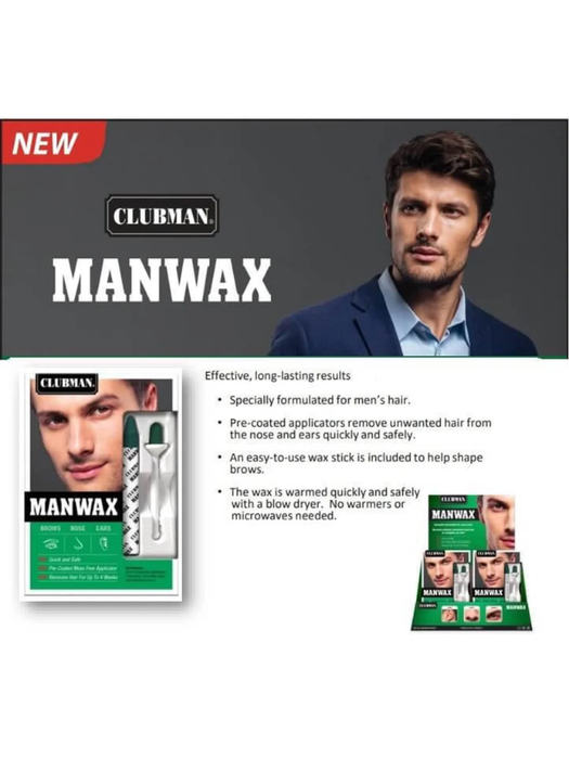 Advertisement for Clubman ManWax with a man wearing a suit and product packaging.
