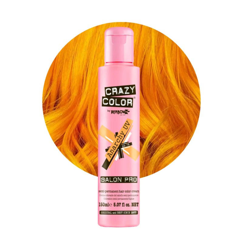 Pink bottle of Crazy Color hair color with orange hair in the background