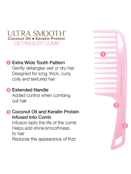 Pink detangler comb with features listed on a white background