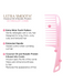 Pink detangler comb with features listed on a white background