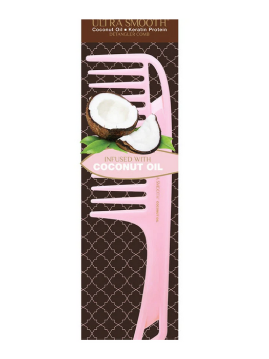 Pink comb with coconut oil packaging on a white background