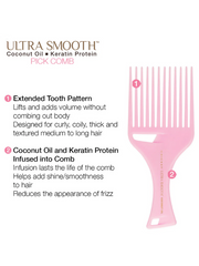 Pink hair pick comb with text on a white background