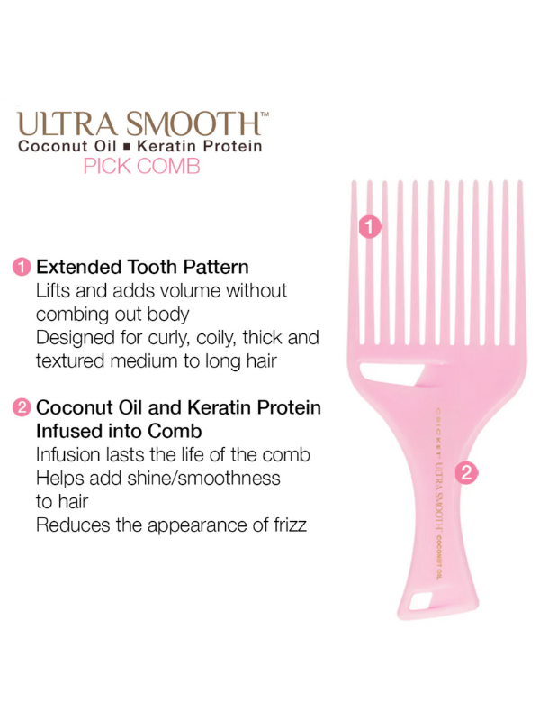 Pink hair pick comb with text on a white background