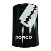 A black cylindrical metal container with a glossy finish, featuring a large white razor blade graphic and the brand name 'DORCO' in white text near the bottom, set against a plain white background.