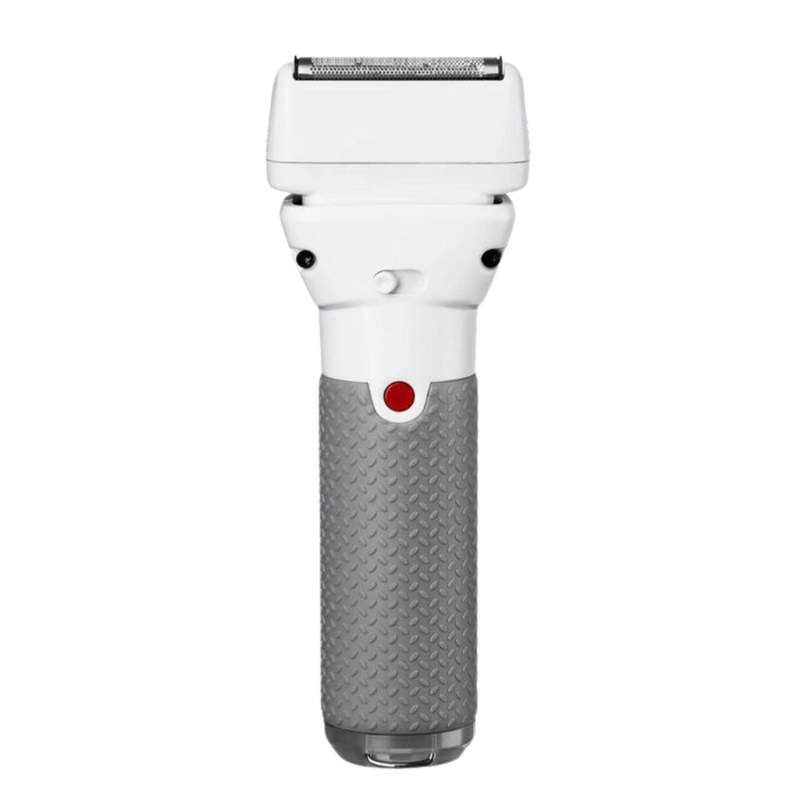 Back view of a white and gray BaBylissPRO electric shaver with dual foil blades and a rubberized, textured handle.