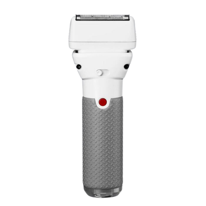 Back view of a white and gray BaBylissPRO electric shaver with dual foil blades and a rubberized, textured handle.