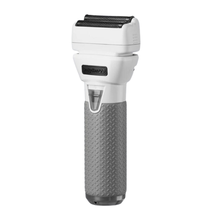 Angled side view of a white and gray BaBylissPRO electric shaver showing the dual foil head and ergonomic handle.