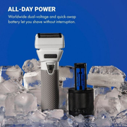White electric foil shaver shown with a magnetic protective cover removed, demonstrating secure storage features including a hidden hanging hook at the base.