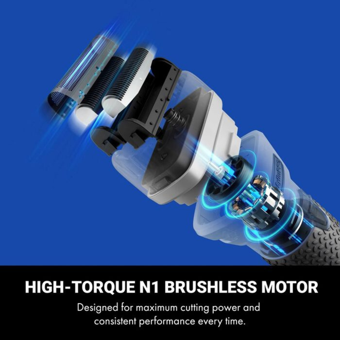 Exploded view of the shaver head and internal components, highlighting the high-torque N1 brushless motor with glowing blue accents to illustrate power and performance.
