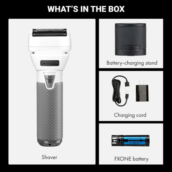 Product contents displayed on a black background, showing a white electric foil shaver, a black battery-charging stand, a USB charging cable with wall adapter, and an FXONE rechargeable battery.
