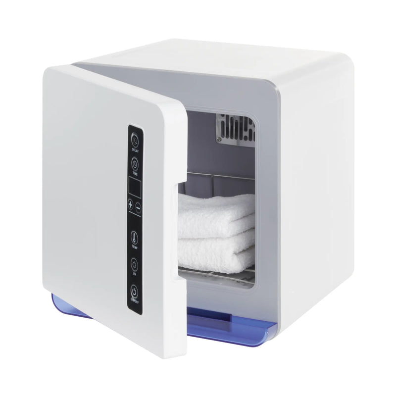 FantaSea white towel warmer with a digital display and door open on a white background