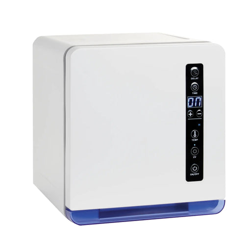 FantaSea white towel warmer with a digital display on a white background