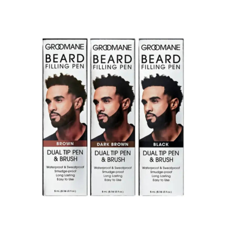 Three boxes of Groomane Beard Filling Pen with different color options on a white background.
