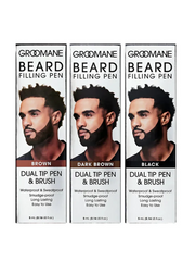 Three packages of Groomane Beard Filling Pen with different color options on a white background.