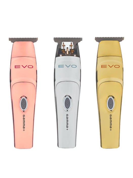 Three electric trimmers in pink, silver, and gold with 'EVO' branding on a white background.