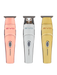 Three electric trimmers in pink, silver, and gold with 'EVO' branding on a white background.