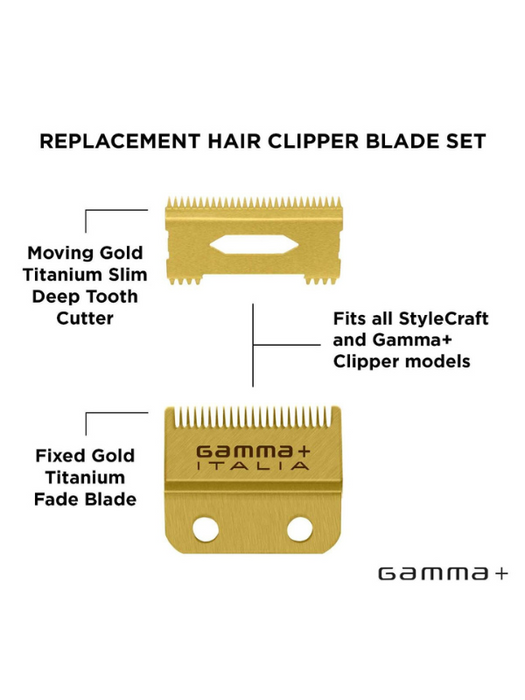 Gamma+ Clipper Blade with Gold Fixed Fade Blade & Gold Slim Deep Moving Blade