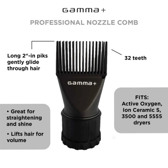 Gamma+ professional nozzle comb with features and text on a white background