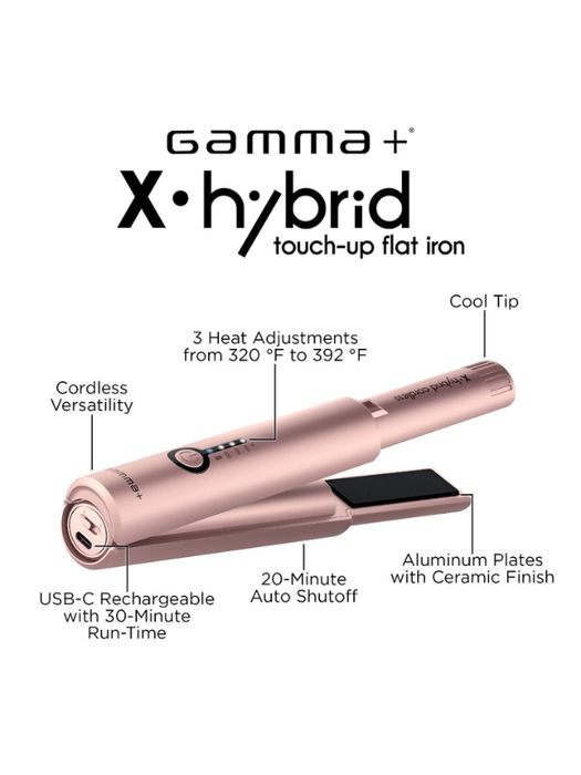 Rose gold flat iron with features labeled on a white background