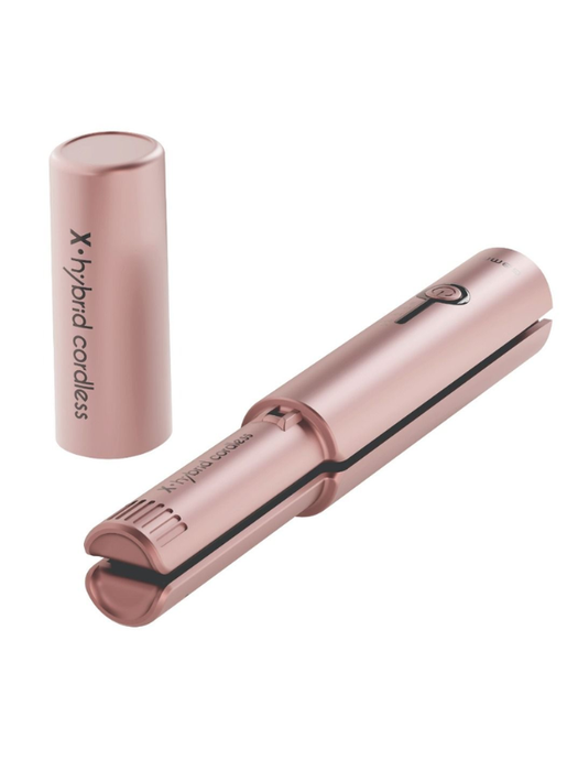 Rose gold hair straightener with cylindrical case on a white background