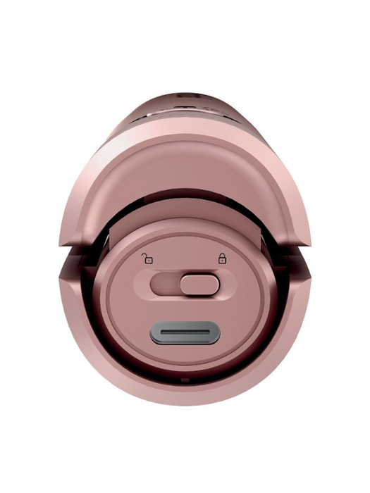 Rose gold robot vacuum cleaner on a white background