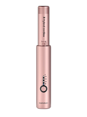 Rose gold electronic device with brand name on a white background