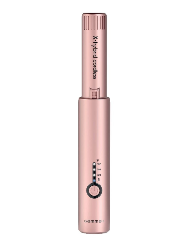 Rose gold electronic device with brand name on a white background