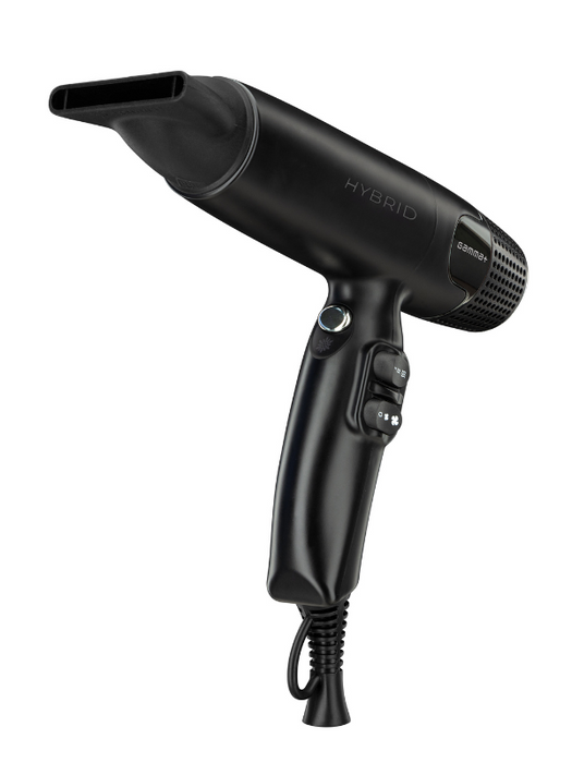 Black hair dryer with 'Hybrid' branding on a white background