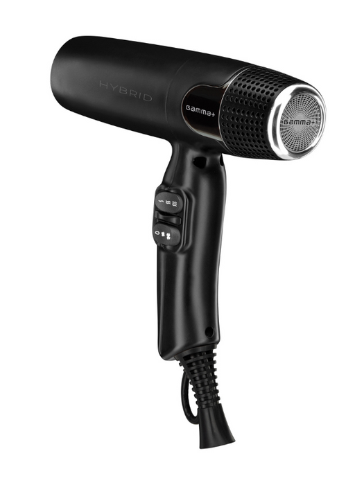 Black hair dryer with hybrid and BaByliss branding on a white background