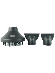 Set of three black hair dryer attachments on a white background