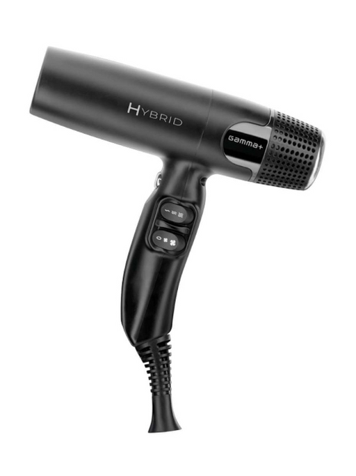Black hair dryer with 'Hybrid' and 'gamma+' branding on a white background