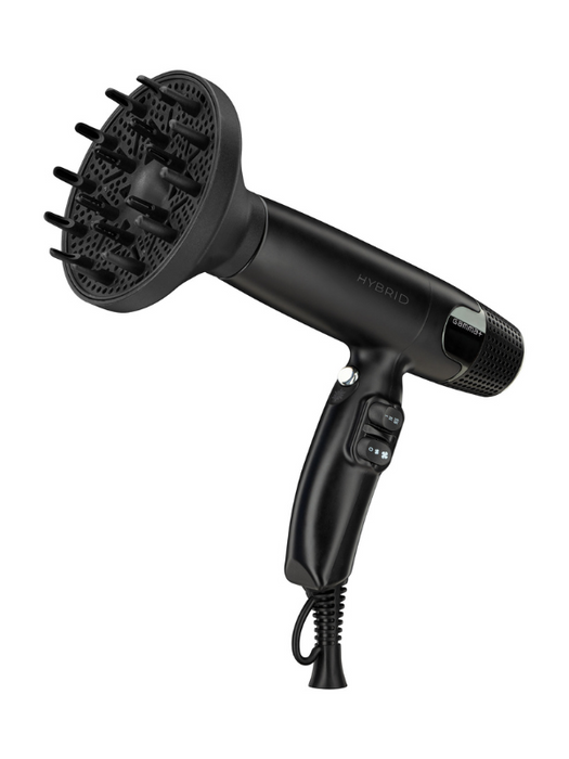 Black hair dryer with diffuser attachment on a white background