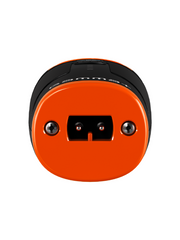 Close-up of an orange and black cylindrical object on a white background