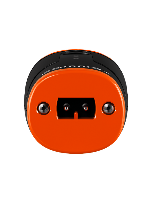 Close-up of an orange and black cylindrical object on a white background