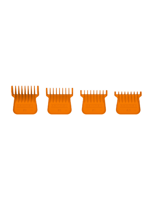 Four orange hair clipper comb attachments on a white background
