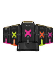 Set of electric shavers with colorful 'X' logos on a white background