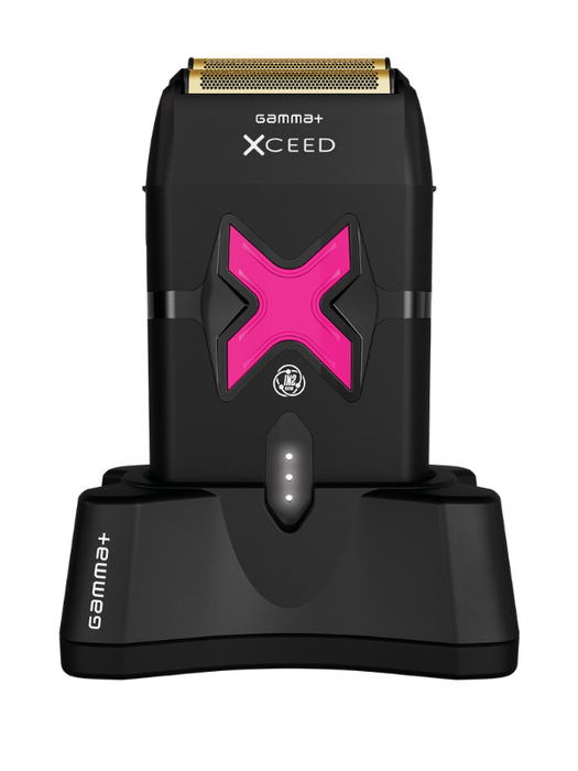 Black electric shaver with pink 'X' design on a white background