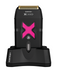 Black electric shaver with pink 'X' design on a white background