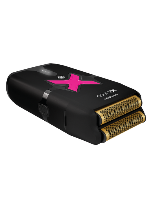 Black electronic device with gold components and a pink 'X' logo on a white background