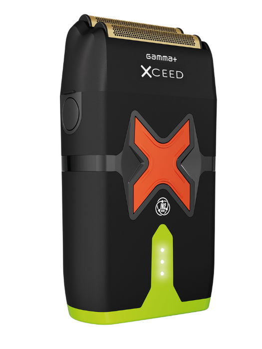 Black and gold electric shaver with orange 'X' design on a white background