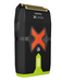 Black and gold electric shaver with orange 'X' design on a white background
