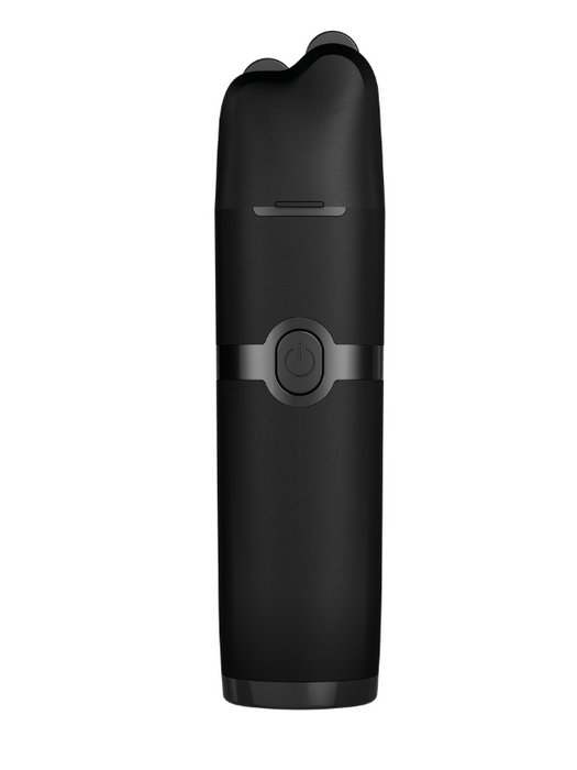 Black electronic device with a central button on a white background