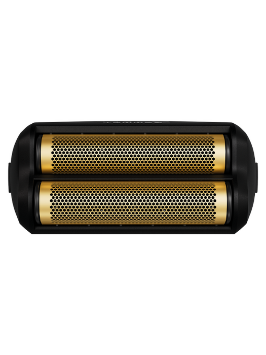Black and gold cylindrical product on a white background