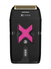 Black electric shaver with pink 'X' design on a white background