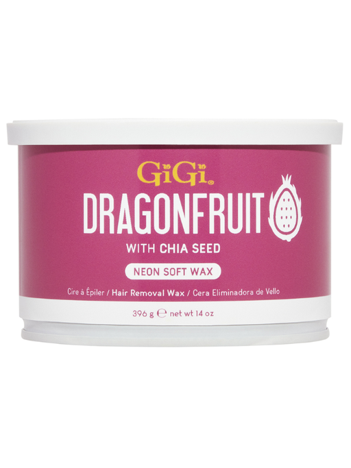Pink container of GiGi Dragonfruit hair removal wax with white lid on a white background