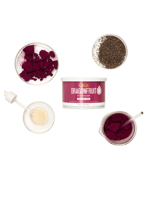 Dragon fruit powder with packaging and tools on a white background