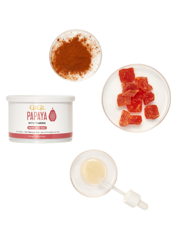 GIGI Papaya scrub with its ingredients on a white background