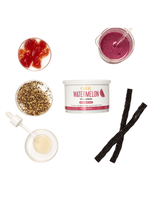 Collection of skincare products including a watermelon-flavored product, black licorice, and a dropper bottle on a white background.