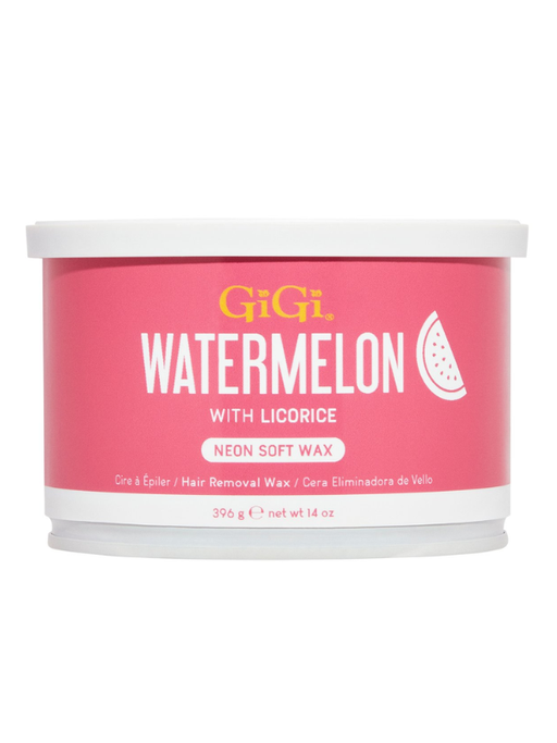 Pink container of GiGi watermelon with licorice neon soft wax on a white background