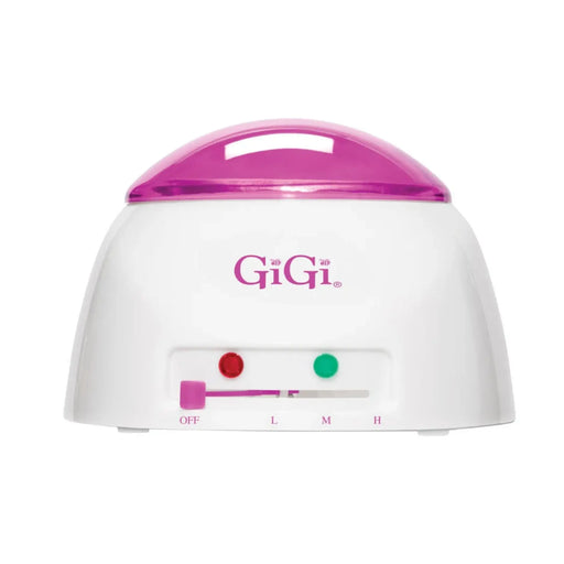 A white Gigi wax warmer with a translucent pink lid, featuring the Gigi logo and a control panel with red and green buttons on a white background.